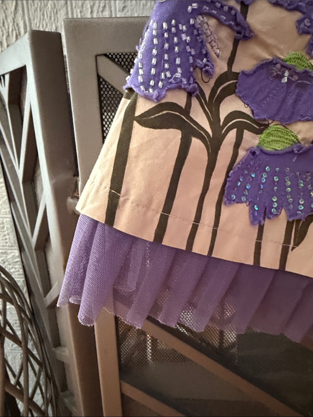 Basil + Maude Beige A-Line Skirt with Purple Floral Appliqué - Picture 4 of 14